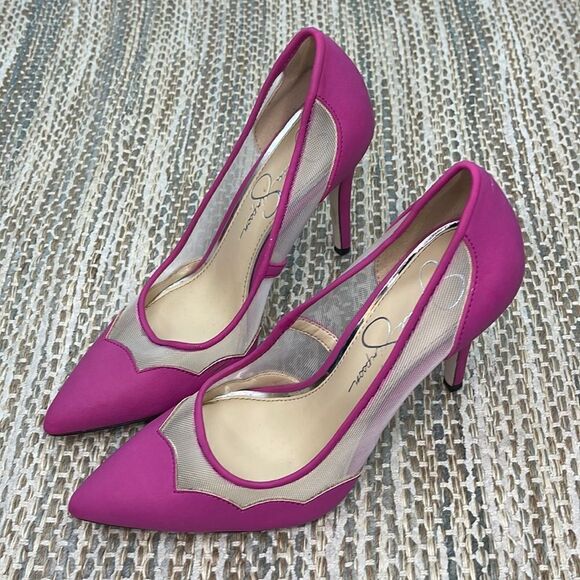 Jessica Simpson Pink Scalloped Mesh Stilettos Size 6.5 - Picture 1 of 9